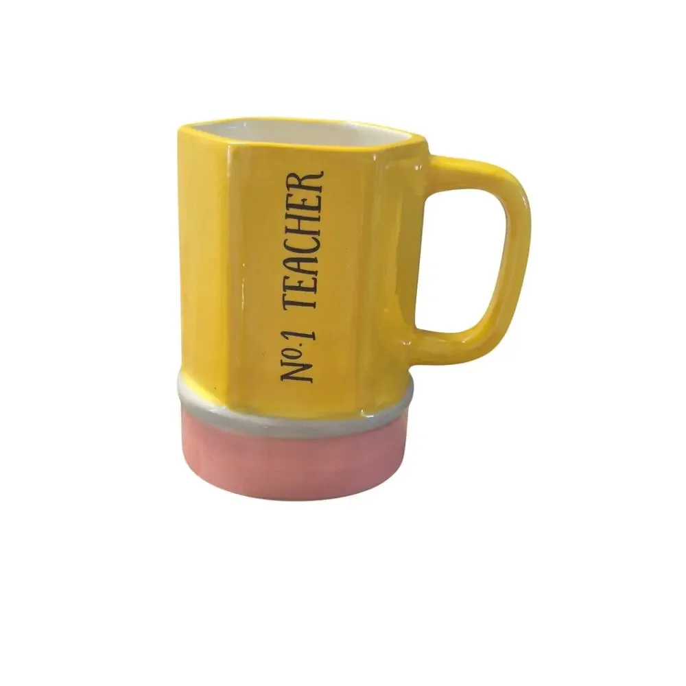 Target No. 1 Teacher Ceramic Coffee Mug 14 fl oz Yellow w/ Pink Base Novelty s5
